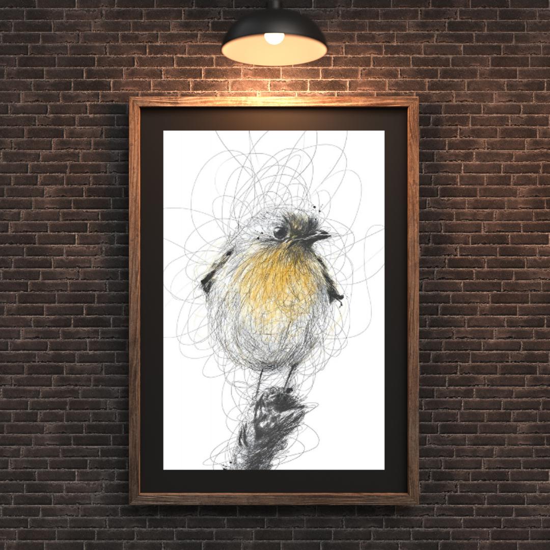 Whimsical Scribble Robin Artwork | Yellow and Black Bird Illustration | Minimalist Nature-Inspired Wall Art for Home Decor - Social Canvas