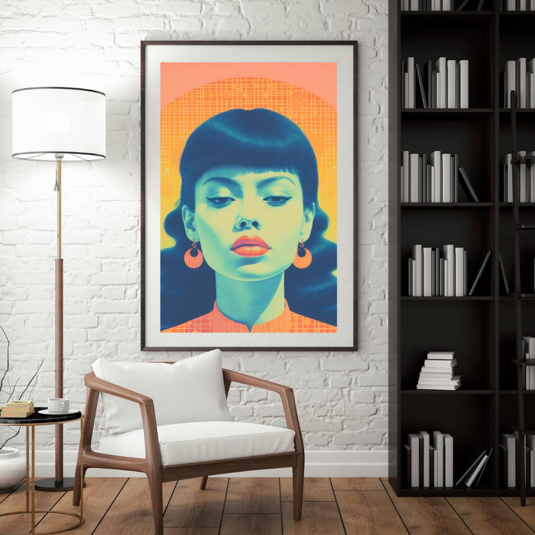 Retro-Inspired Pop Art Portrait - Bold Yellow and Blue Female Illustration - Modern Wall Decor - Social Canvas