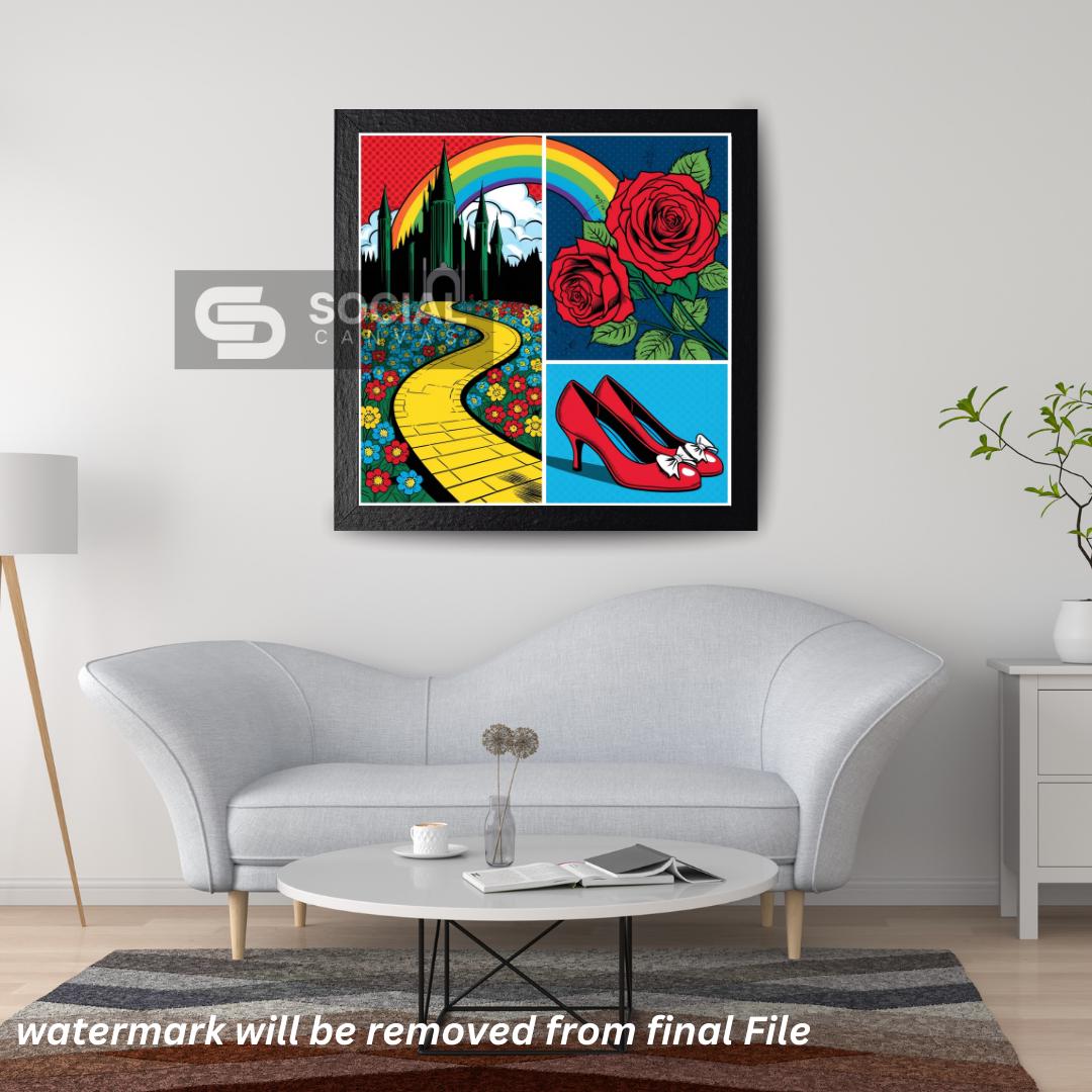Wizard of Oz Style Pop Art Poster - Yellow Brick Road & Ruby Slippers Wall Art | 300 DPI - Social Canvas