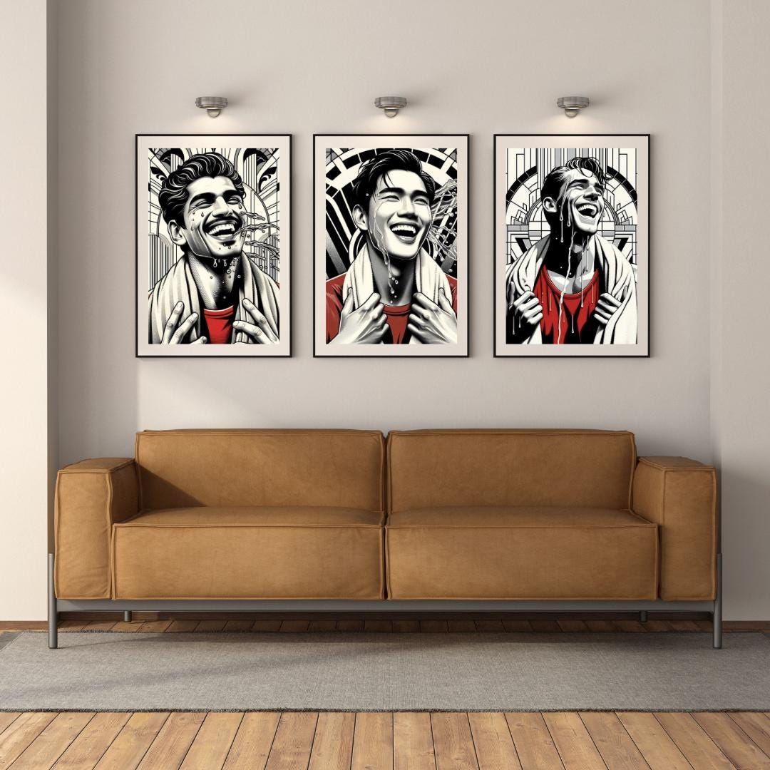 Bold Black & White Portrait Wall Art Set - Vibrant Smiling Faces with Red Accents, Modern Pop Art Prints, Unique Living Room Decor - Social Canvas