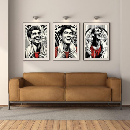 Bold Black & White Portrait Wall Art Set - Vibrant Smiling Faces with Red Accents, Modern Pop Art Prints, Unique Living Room Decor - Social Canvas