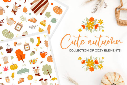 Autumn Elements Clipart – Fall Leaves, Pumpkins & Seasonal PNG Graphics (MRR) - Social Canvas