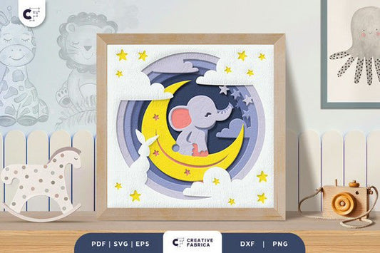 Baby Elephant Nursery Room 3D Shadow Box Template - Social Canvas