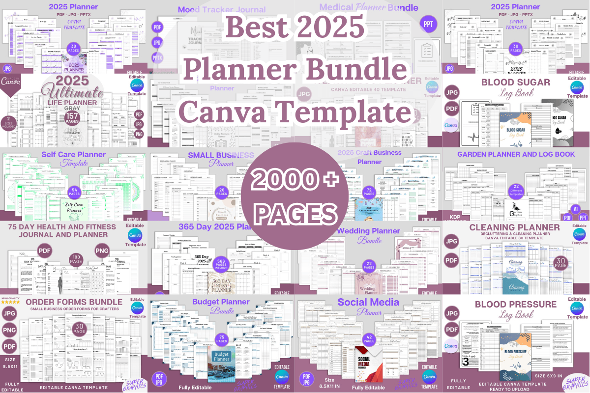 2025 Ultimate Planner Bundle – Editable Canva Templates for Daily, Weekly & Monthly Planning (MRR) - Social Canvas