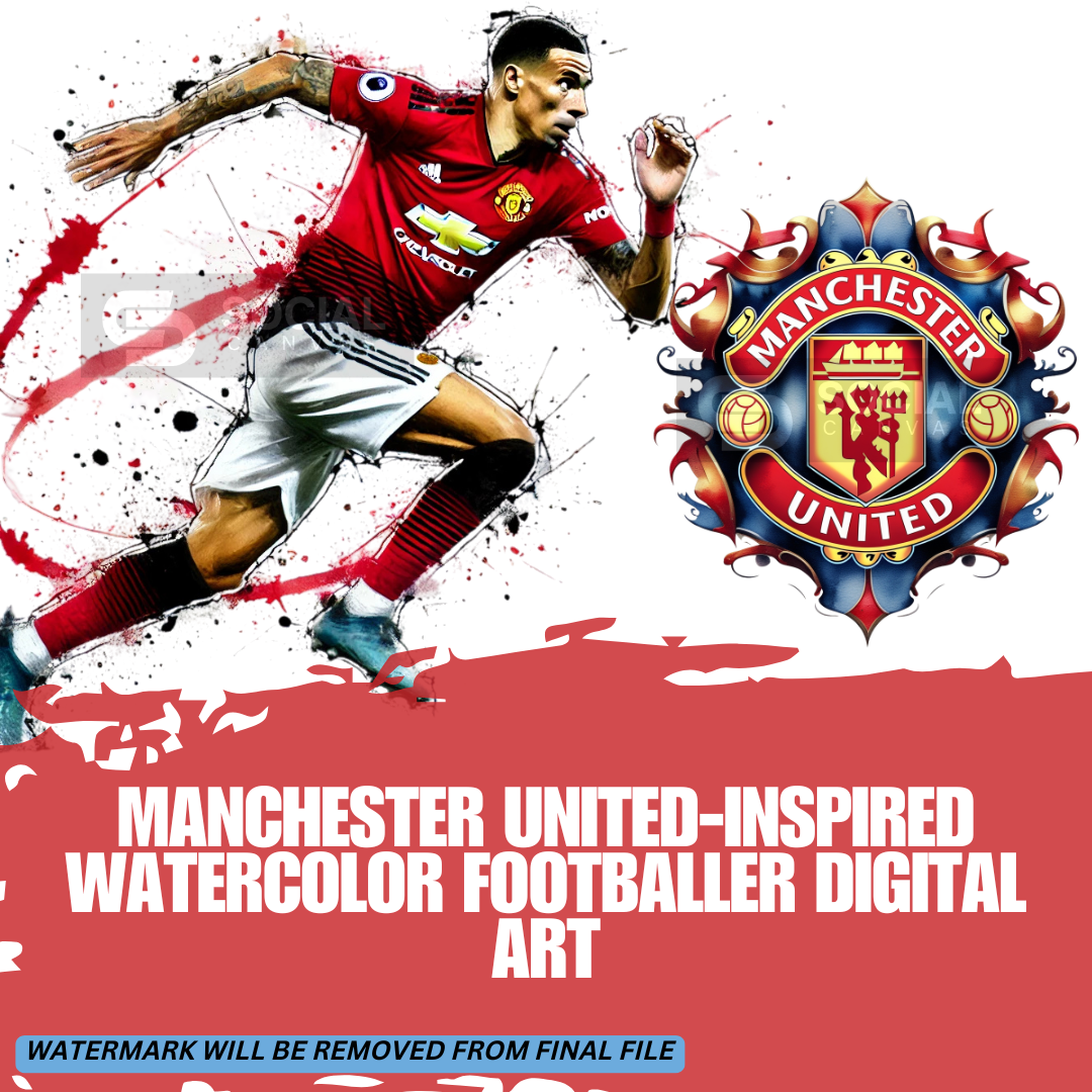 Manchester United-Inspired Watercolor Footballer Digital Art | Soccer Player Artwork | Sports Print-on-Demand File - Social Canvas