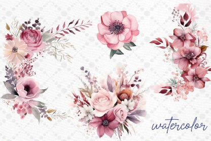 Blush Pink Watercolor Flowers – Digital Clipart for Wedding & DIY Projects (MRR) - Social Canvas