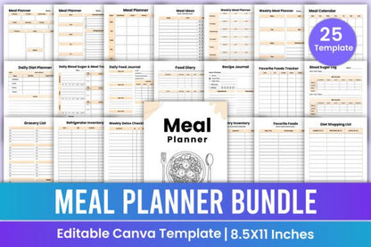 Meal Planner Bundle – Editable Canva & KDP Templates for Weekly Food Planning (MRR) - Social Canvas