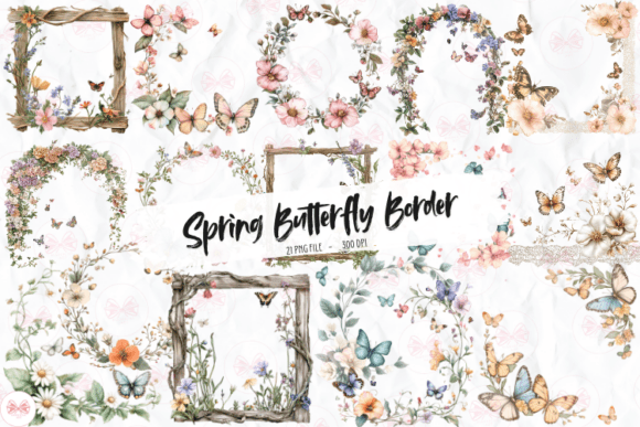 Spring Butterfly Border Clipart – Floral PNGs for Invitations & Crafts (MRR) - Social Canvas