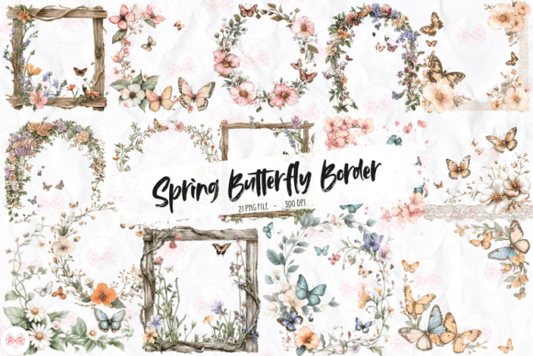 Spring Butterfly Border Clipart – Floral PNGs for Invitations & Crafts (MRR) - Social Canvas