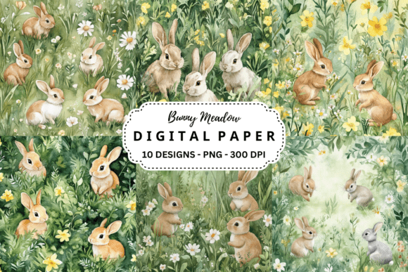 Watercolor Bunny Meadow Background - Social Canvas