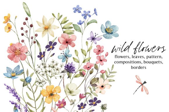 Wildflower & Butterfly Clipart Set with Dragonflies (MRR) - Social Canvas