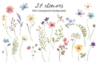 Wildflower & Butterfly Clipart Set with Dragonflies (MRR) - Social Canvas