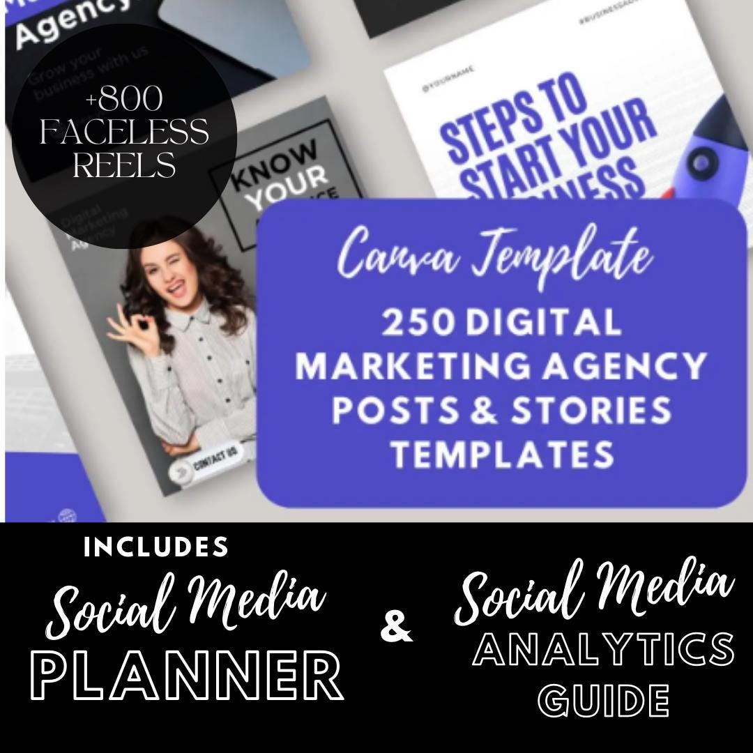 250 Digital Marketing Agency Posts & Stories Canva Templates | Social Media Planner, Analytics Guide and 800 Faceless Videos - Social Canvas