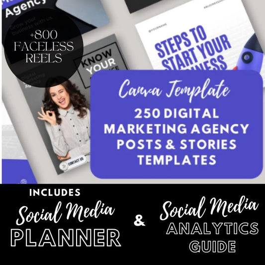 250 Digital Marketing Agency Posts & Stories Canva Templates | Social Media Planner, Analytics Guide and 800 Faceless Videos - Social Canvas