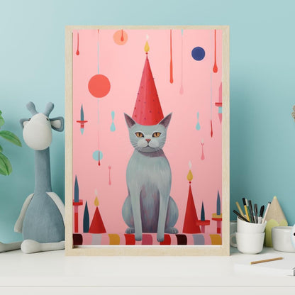 Party Cat Art Print with Festive Hat - Playful Pink Background Wall Decor | 200 Kids Wall Art Prints - Social Canvas