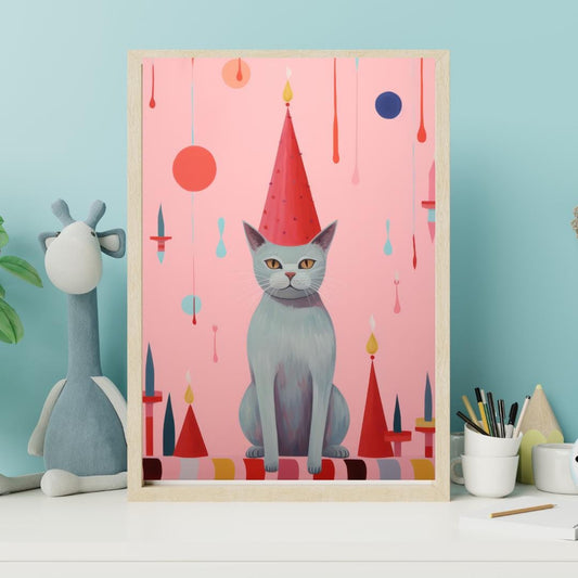 Party Cat Art Print with Festive Hat - Playful Pink Background Wall Decor | 200 Kids Wall Art Prints - Social Canvas