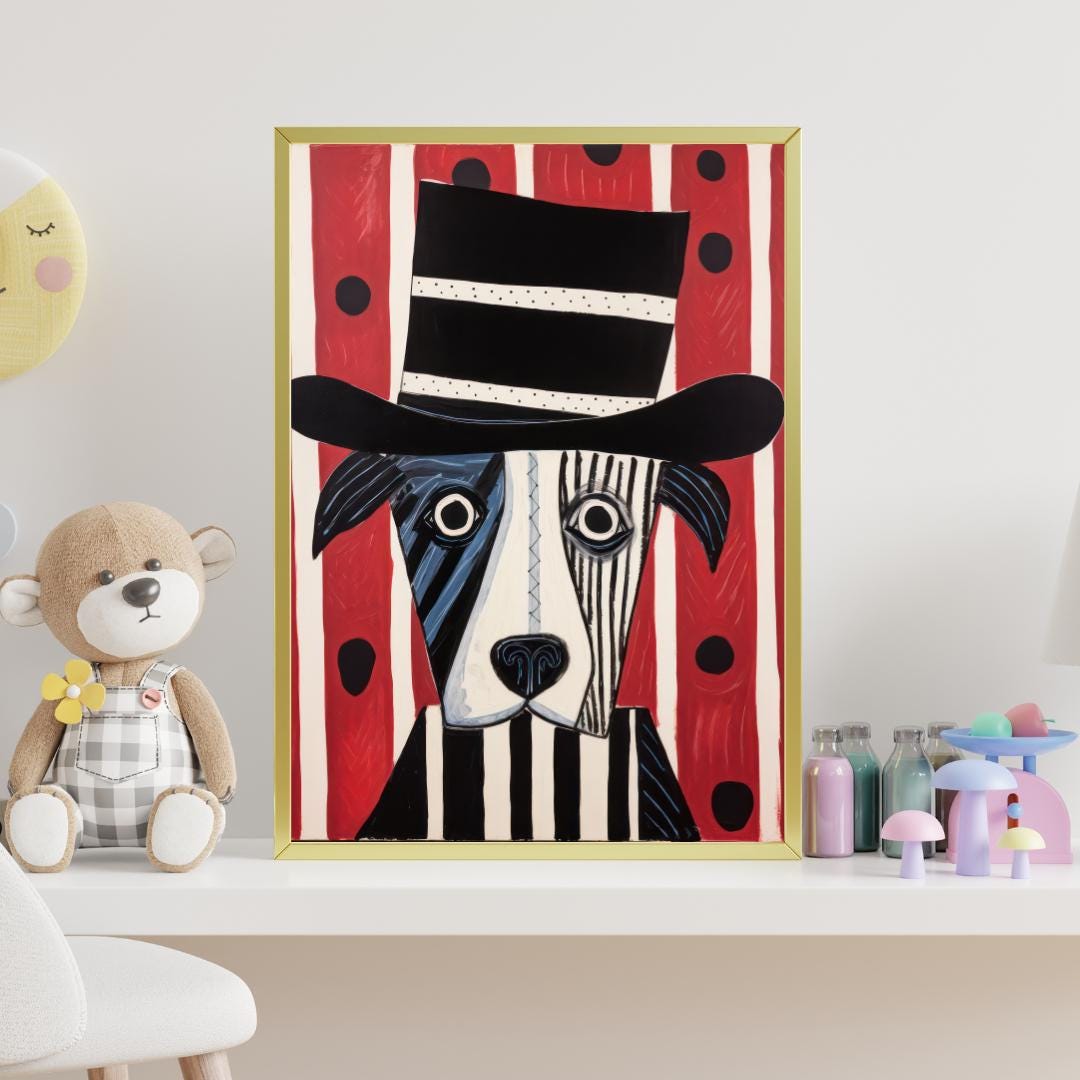Whimsical Dog in Top Hat Art Print - Bold Black, White, and Red Modern Wall Decor | 200 Kids Wall Art Prints - Social Canvas