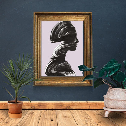 Abstract Silhouette Wall Art | Minimalist Black Brushstroke Portrait with Pastel Lavender Background |  Home Decor for Living Room or Office - Social Canvas