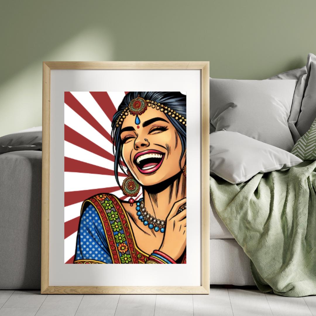 Vibrant Indian Woman Laughing | Pop Art Digital Print | Indian Pop Art Style Print | Bollywood Art - Free Bonus Prints - Social Canvas