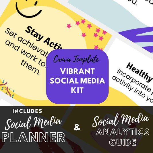 50 Vibrant Social Media Kit | Social Media Planner and Analytics Guide| Bold and Colorful Canva Templates | Instagram, Pinterest, Facebook - Social Canvas