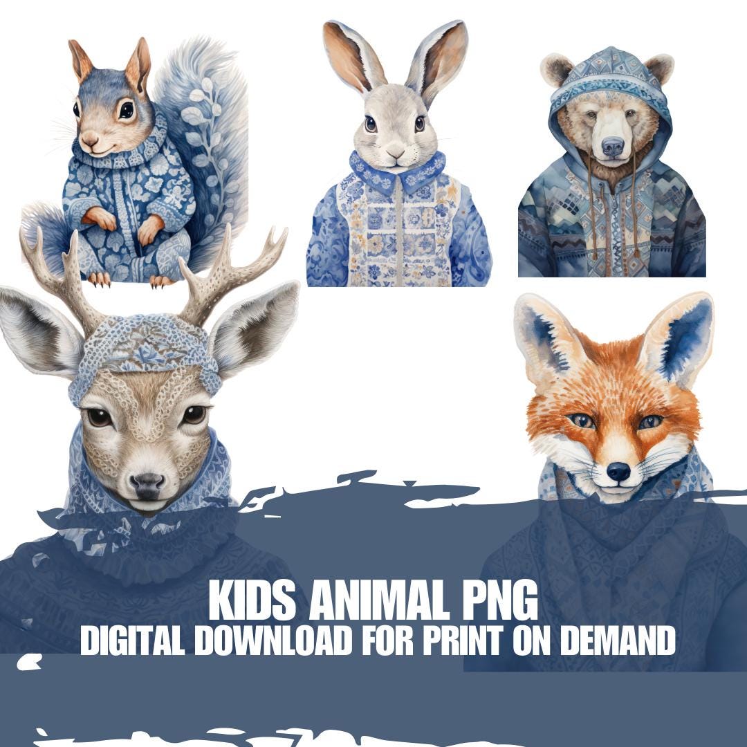 5 Adorable Animal Hoodie PNG | Digital Download for Print on Demand | Woodland Creatures in Cozy Sweaters - Social Canvas