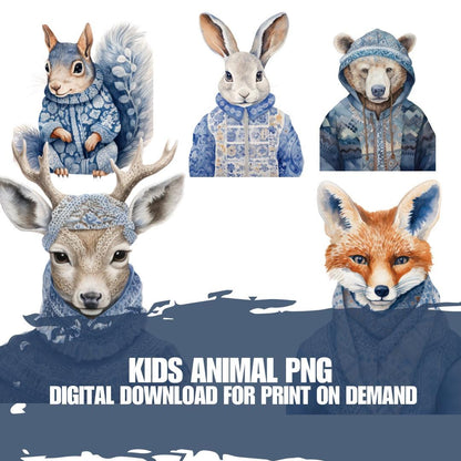 5 Adorable Animal Hoodie PNG | Digital Download for Print on Demand | Woodland Creatures in Cozy Sweaters - Social Canvas