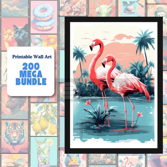 Elegant Flamingo Tropical Art Print - Vibrant Wildlife Poster with Palm Trees - 200 Mega Bundle - Printable Wall Art - Social Canvas