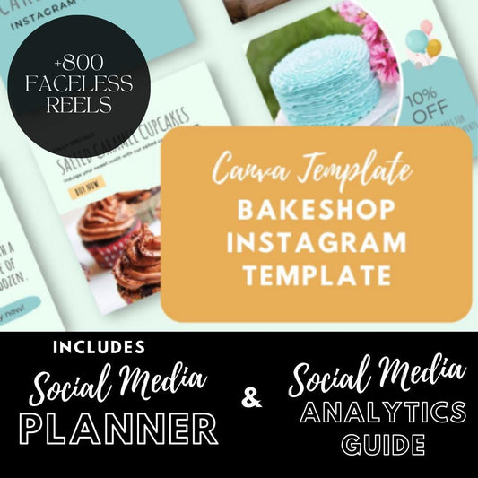 40 Bakeshop Instagram Canva Templates | Editable Social Media Graphics | Social Media Planner, Analytics Guide and 800 Faceless Videos - Social Canvas
