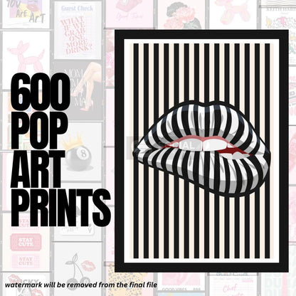 Striped Pop Lips - Bold Monochrome Art - Iconic Pop Art Print | 600 Pop Art Prints Bundle - Social Canvas