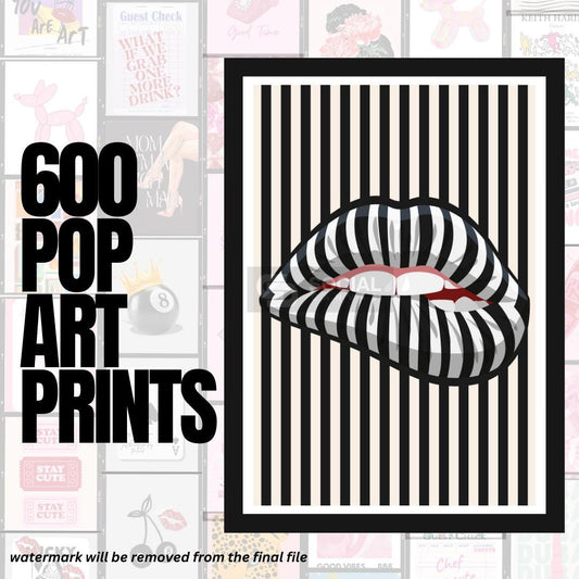 Striped Pop Lips - Bold Monochrome Art - Iconic Pop Art Print | 600 Pop Art Prints Bundle - Social Canvas
