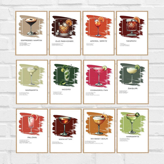 Set of 12 Cocktail Recipe Art Prints - Stylish Home Bar Wall Decor - Social Canvas