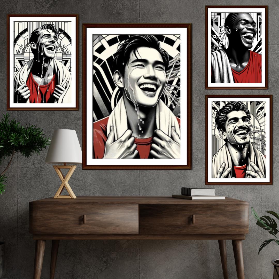 Bold Black & White Portrait Wall Art Set - Vibrant Smiling Faces with Red Accents, Modern Pop Art Prints, Unique Living Room Decor - Social Canvas