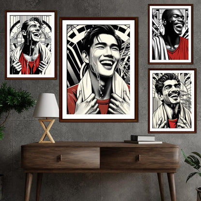 Bold Black & White Portrait Wall Art Set - Vibrant Smiling Faces with Red Accents, Modern Pop Art Prints, Unique Living Room Decor - Social Canvas