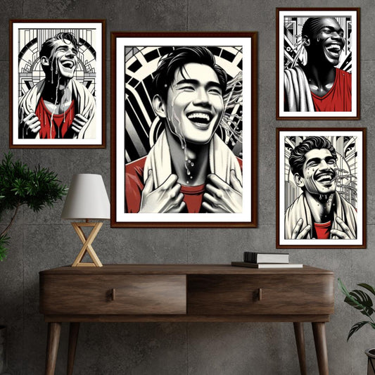 Bold Black & White Portrait Wall Art Set - Vibrant Smiling Faces with Red Accents, Modern Pop Art Prints, Unique Living Room Decor - Social Canvas