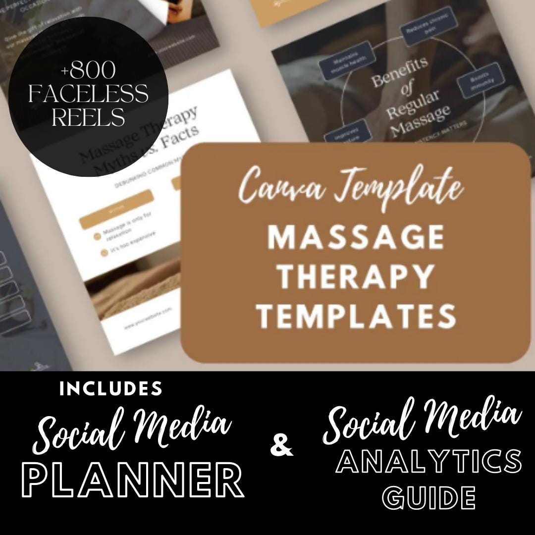 30 Massage Therapy Templates | Wellness, Spa & Self-Care Instagram Posts | Social Media Planner, Analytics Guide and 800 Faceless Videos - Social Canvas