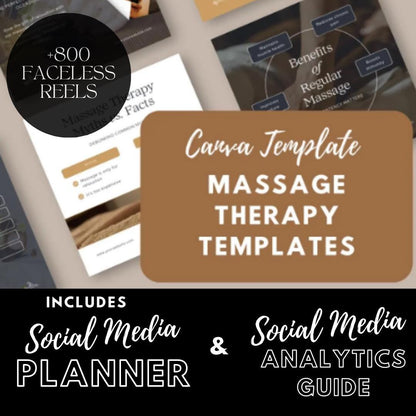 30 Massage Therapy Templates | Wellness, Spa & Self-Care Instagram Posts | Social Media Planner, Analytics Guide and 800 Faceless Videos - Social Canvas