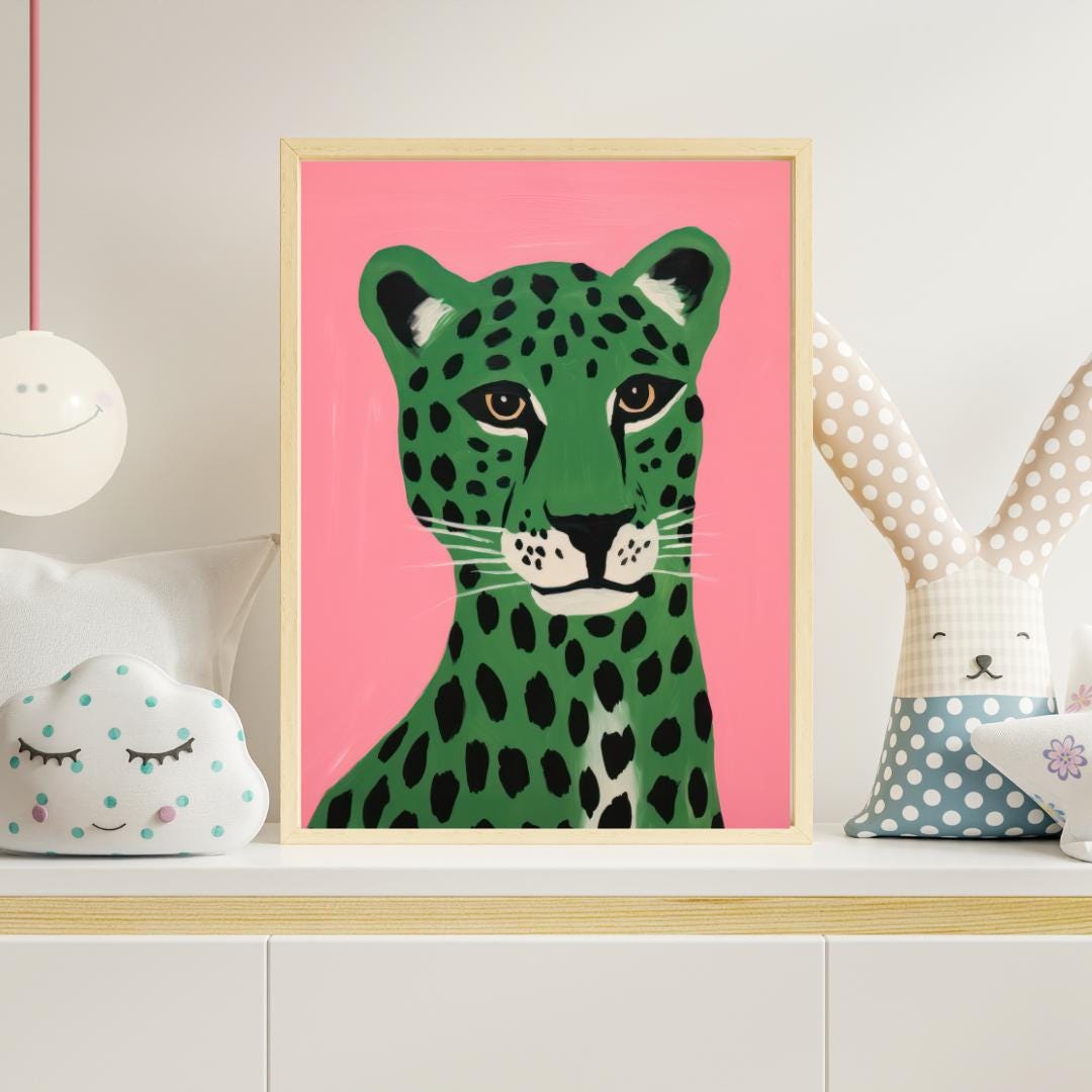 Green Leopard Art Print on Pink Background - Bold Modern Animal Wall Decor | 200 Kids Wall Art Prints - Social Canvas