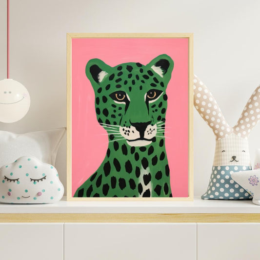 Green Leopard Art Print on Pink Background - Bold Modern Animal Wall Decor | 200 Kids Wall Art Prints - Social Canvas