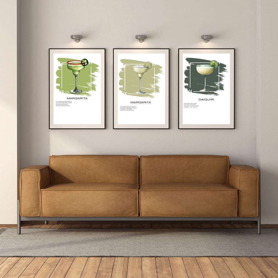 Set of 12 Cocktail Recipe Art Prints - Stylish Home Bar Wall Decor - Social Canvas