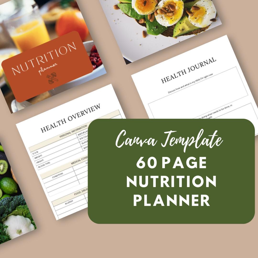 60-Page Nutrition Planner Canva Template | Printable Health Journal | Meal and Food Tracker | Wellness and Diet Planner | Digital Download - Social Canvas