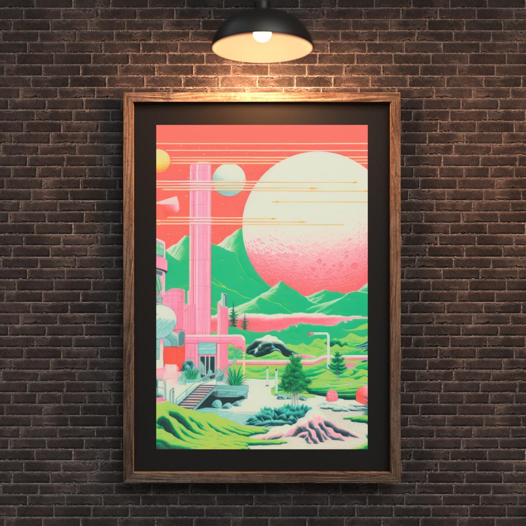 Retro Futuristic Landscape Art – Vibrant Sci-Fi Poster with Neon Planets and Cosmic Architecture - Social Canvas