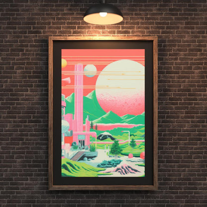 Retro Futuristic Landscape Art – Vibrant Sci-Fi Poster with Neon Planets and Cosmic Architecture - Social Canvas