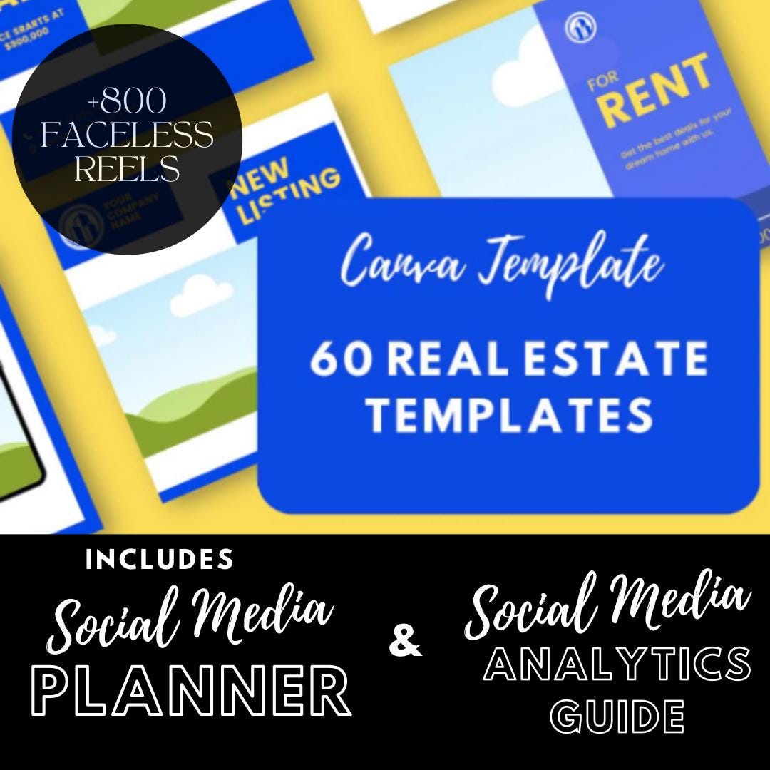60 Real Estate | Just Listed, For Sale and Open House Graphics | Social Media Planner, Analytics Guide | 800 Faceless Videos - Social Canvas
