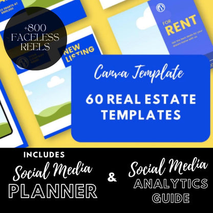 60 Real Estate | Just Listed, For Sale and Open House Graphics | Social Media Planner, Analytics Guide | 800 Faceless Videos - Social Canvas