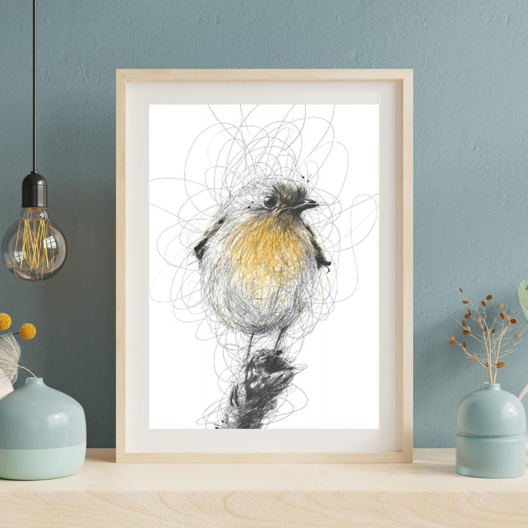Whimsical Scribble Robin Artwork | Yellow and Black Bird Illustration | Minimalist Nature-Inspired Wall Art for Home Decor - Social Canvas