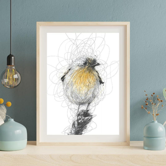 Whimsical Scribble Robin Artwork | Yellow and Black Bird Illustration | Minimalist Nature-Inspired Wall Art for Home Decor - Social Canvas
