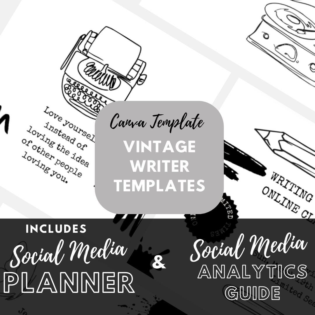 Vintage Writer Canva Templates | Social Media Planner and Analytics Guide | Handwritten and Literary Social | Aesthetic Book and Poetry - Social Canvas