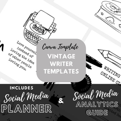 Vintage Writer Canva Templates | Social Media Planner and Analytics Guide | Handwritten and Literary Social | Aesthetic Book and Poetry - Social Canvas