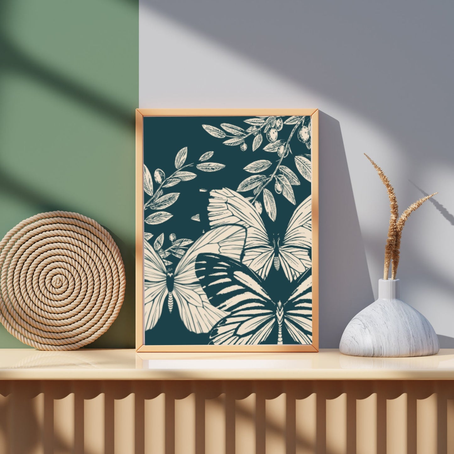 Vintage Botanical Butterfly Illustration – Elegant Green and Cream Art Print - Social Canvas