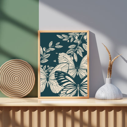 Vintage Botanical Butterfly Illustration – Elegant Green and Cream Art Print - Social Canvas